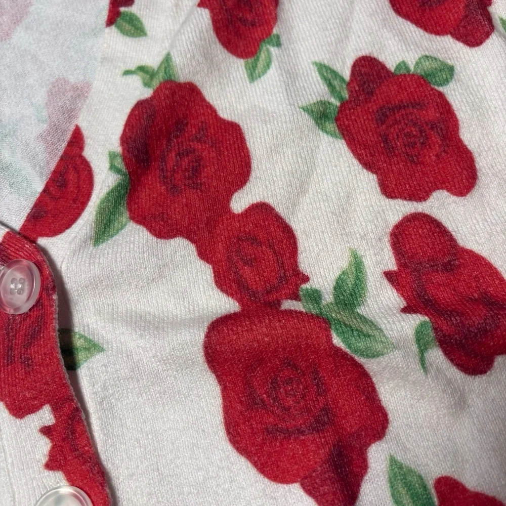 J. Society Rose Floral Cardigan Sweater Red White Cotton M A1387